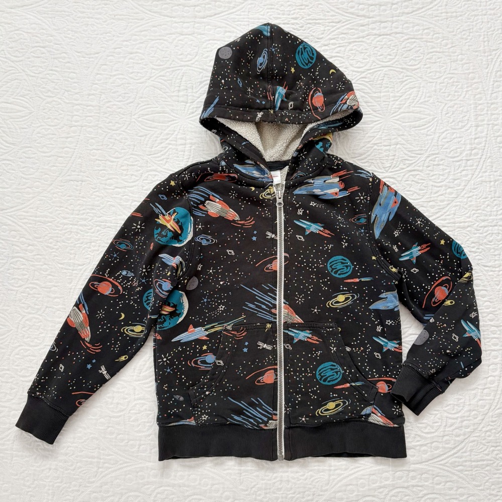 Hanna Andersson Faux Shearling French Terry Hoodie, Space Print Sz 6-7